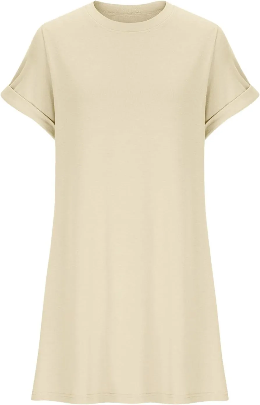 Casual Short Sleeve Tee Dress for Women, Solid Round Neck Mini Dresses Comfy Regular Fit Summer Swing Hem Cute Dress