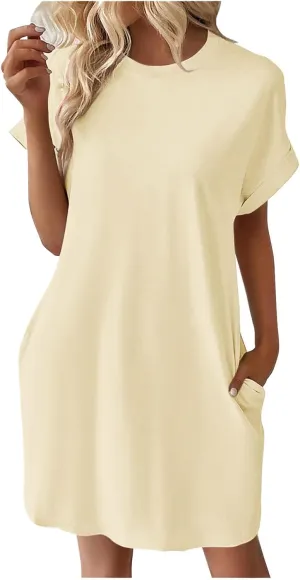 Casual Short Sleeve Tee Dress for Women, Solid Round Neck Mini Dresses Comfy Regular Fit Summer Swing Hem Cute Dress