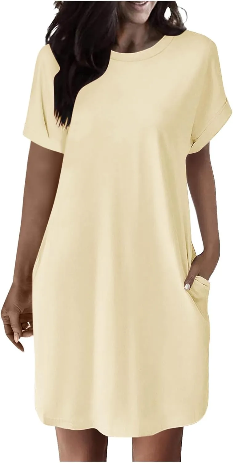 Casual Short Sleeve Tee Dress for Women, Solid Round Neck Mini Dresses Comfy Regular Fit Summer Swing Hem Cute Dress