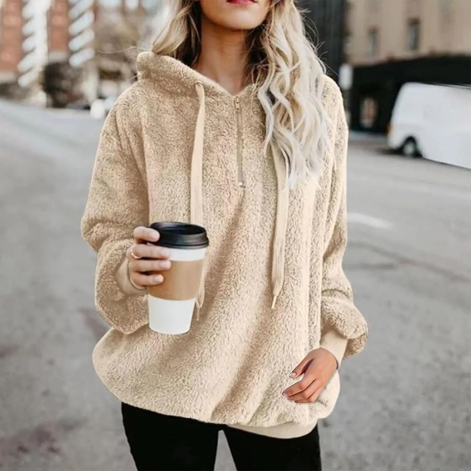 Cdiecer Fluffy Fleece Hoodies Womens Zip Up Sweatshirt Warm Hooded Jacket Oversized Sherpa Coat Outwear with Pockets