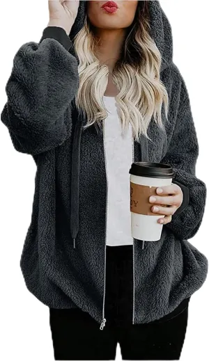 Cdiecer Fluffy Fleece Hoodies Womens Zip Up Sweatshirt Warm Hooded Jacket Oversized Sherpa Coat Outwear with Pockets