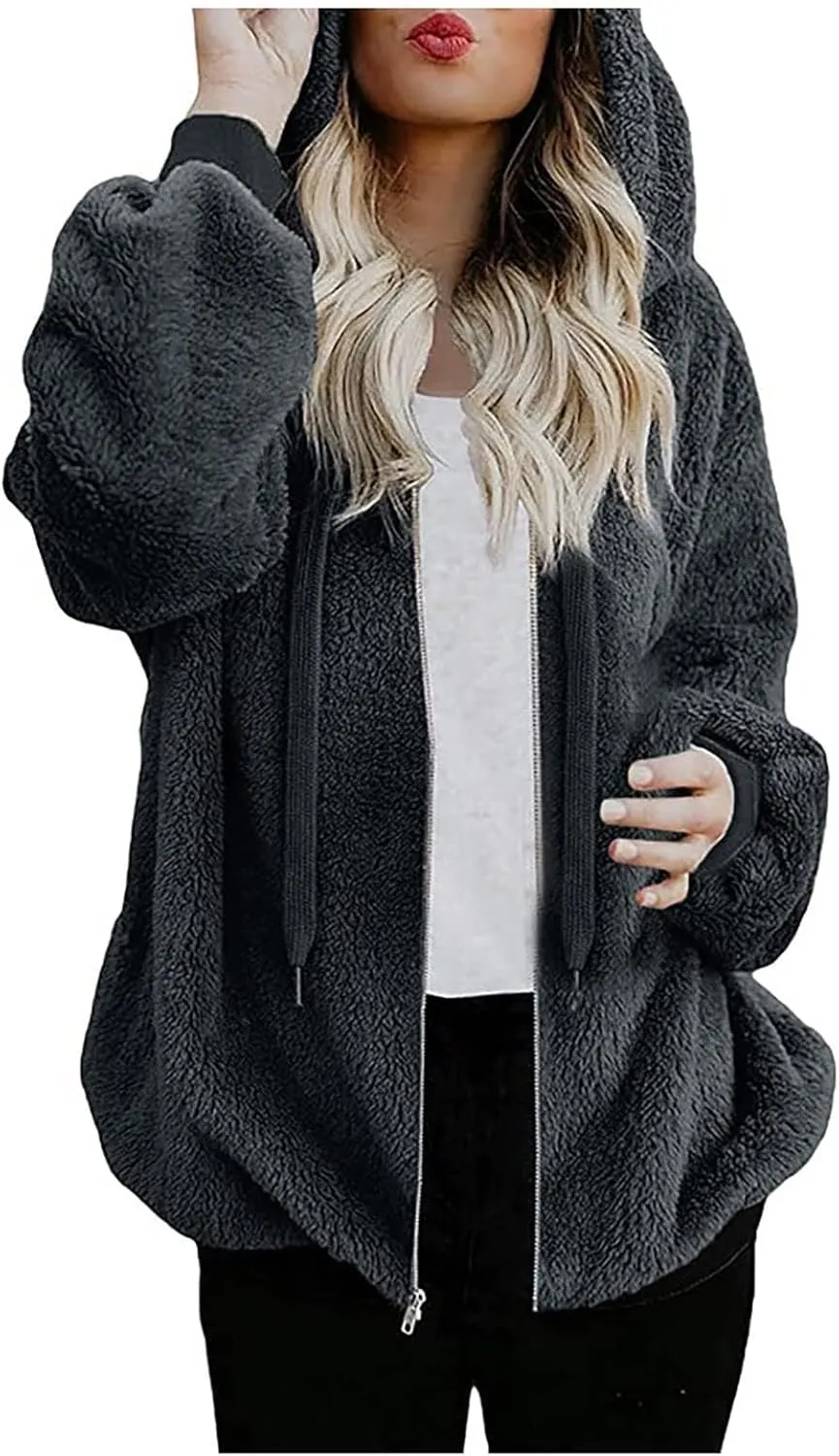 Cdiecer Fluffy Fleece Hoodies Womens Zip Up Sweatshirt Warm Hooded Jacket Oversized Sherpa Coat Outwear with Pockets