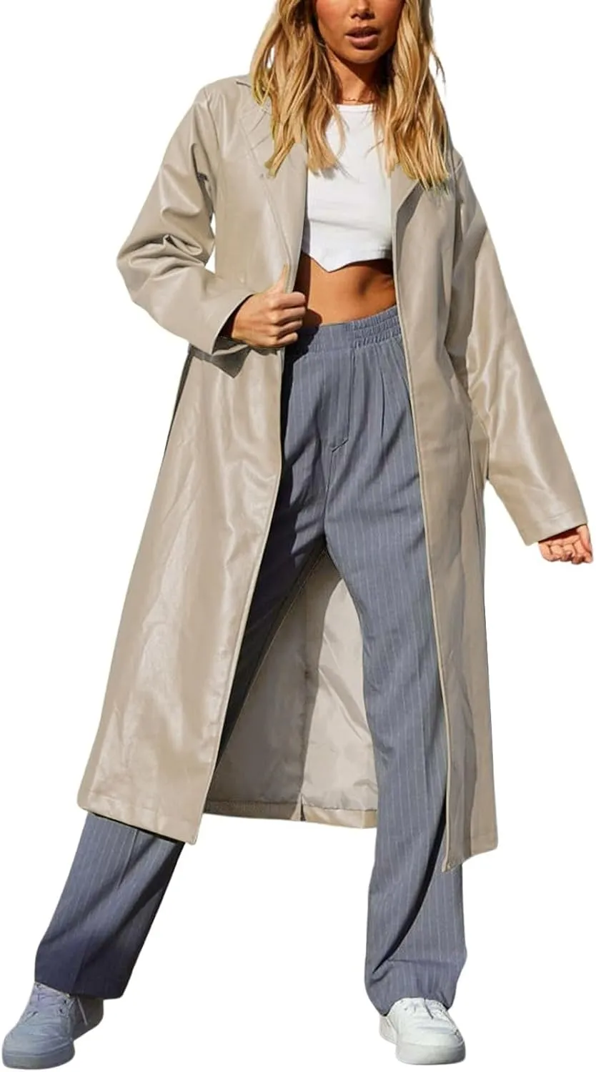 chouyatou Women's Casual Lapel Open Front Pu Faux Leather Long Trench Coat with Belt