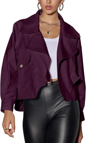 chouyatou Women's Vintage Pu Faux Leather Jacket Oversized Notch Lapel Collar Cropped Short Jacket Coat