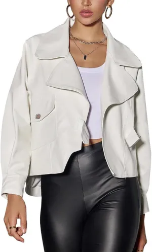 chouyatou Women's Vintage Pu Faux Leather Jacket Oversized Notch Lapel Collar Cropped Short Jacket Coat