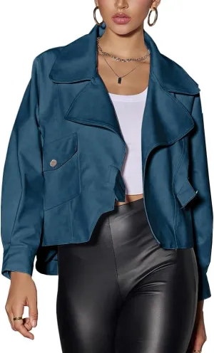 chouyatou Women's Vintage Pu Faux Leather Jacket Oversized Notch Lapel Collar Cropped Short Jacket Coat