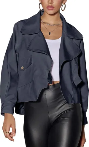 chouyatou Women's Vintage Pu Faux Leather Jacket Oversized Notch Lapel Collar Cropped Short Jacket Coat