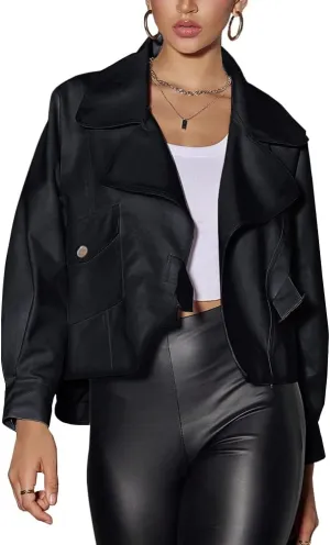 chouyatou Women's Vintage Pu Faux Leather Jacket Oversized Notch Lapel Collar Cropped Short Jacket Coat