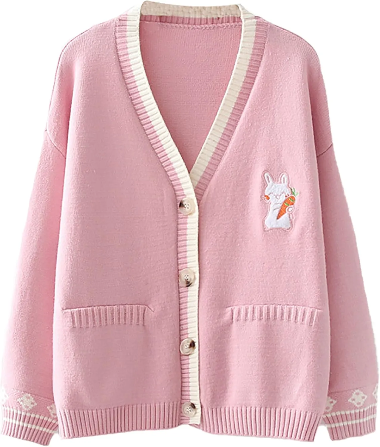 CORIRESHA Cute Rabbit Embroidered Cardigan Sweater Patchwork Button Knit Outwear with Pockets