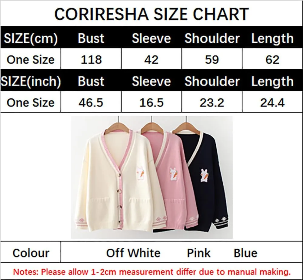 CORIRESHA Cute Rabbit Embroidered Cardigan Sweater Patchwork Button Knit Outwear with Pockets
