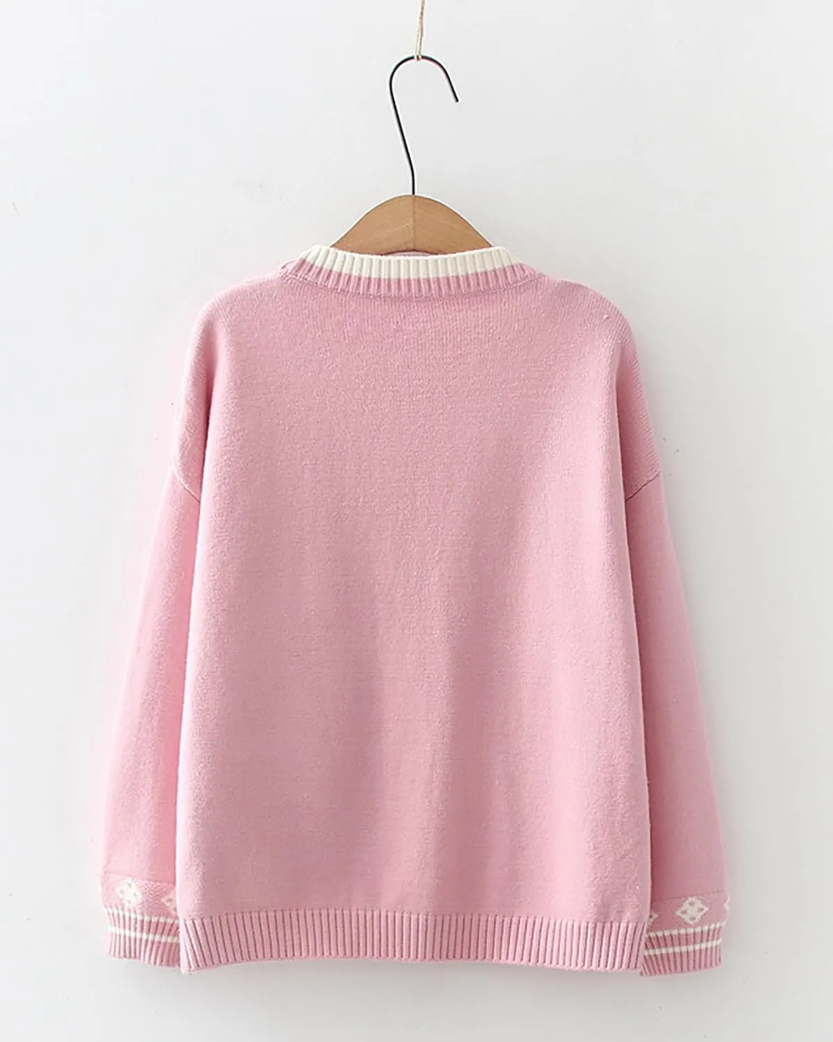 CORIRESHA Cute Rabbit Embroidered Cardigan Sweater Patchwork Button Knit Outwear with Pockets
