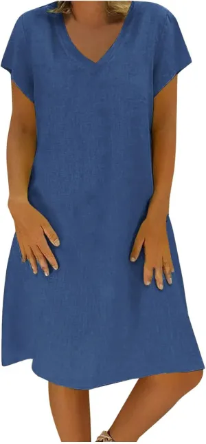 Cotton Linen Dresses for Women, 2024 Summer Casual Short Sleeve Midi Dress,Trendy V Neck Beach Sundresses