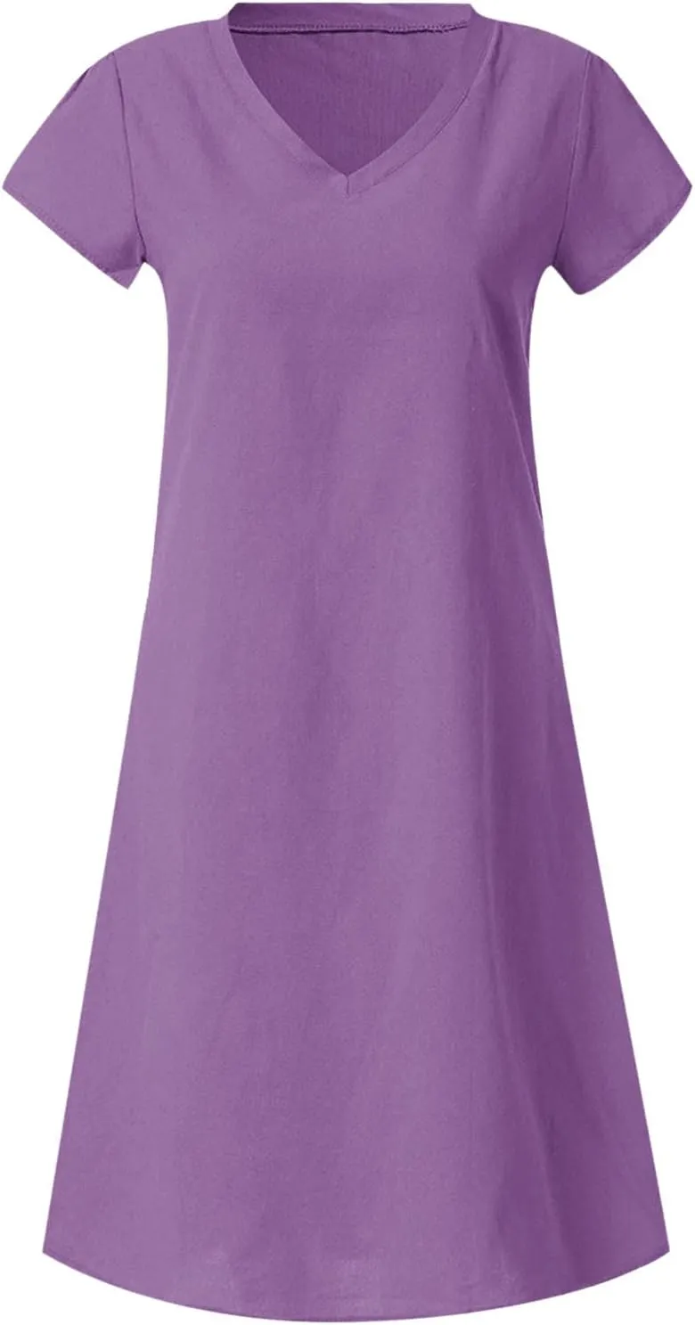 Cotton Linen Dresses for Women, 2024 Summer Casual Short Sleeve Midi Dress,Trendy V Neck Beach Sundresses