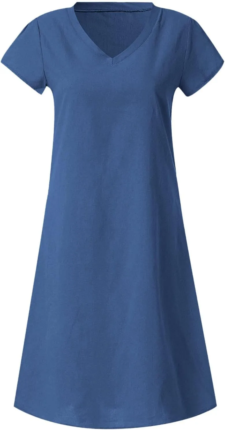 Cotton Linen Dresses for Women, 2024 Summer Casual Short Sleeve Midi Dress,Trendy V Neck Beach Sundresses