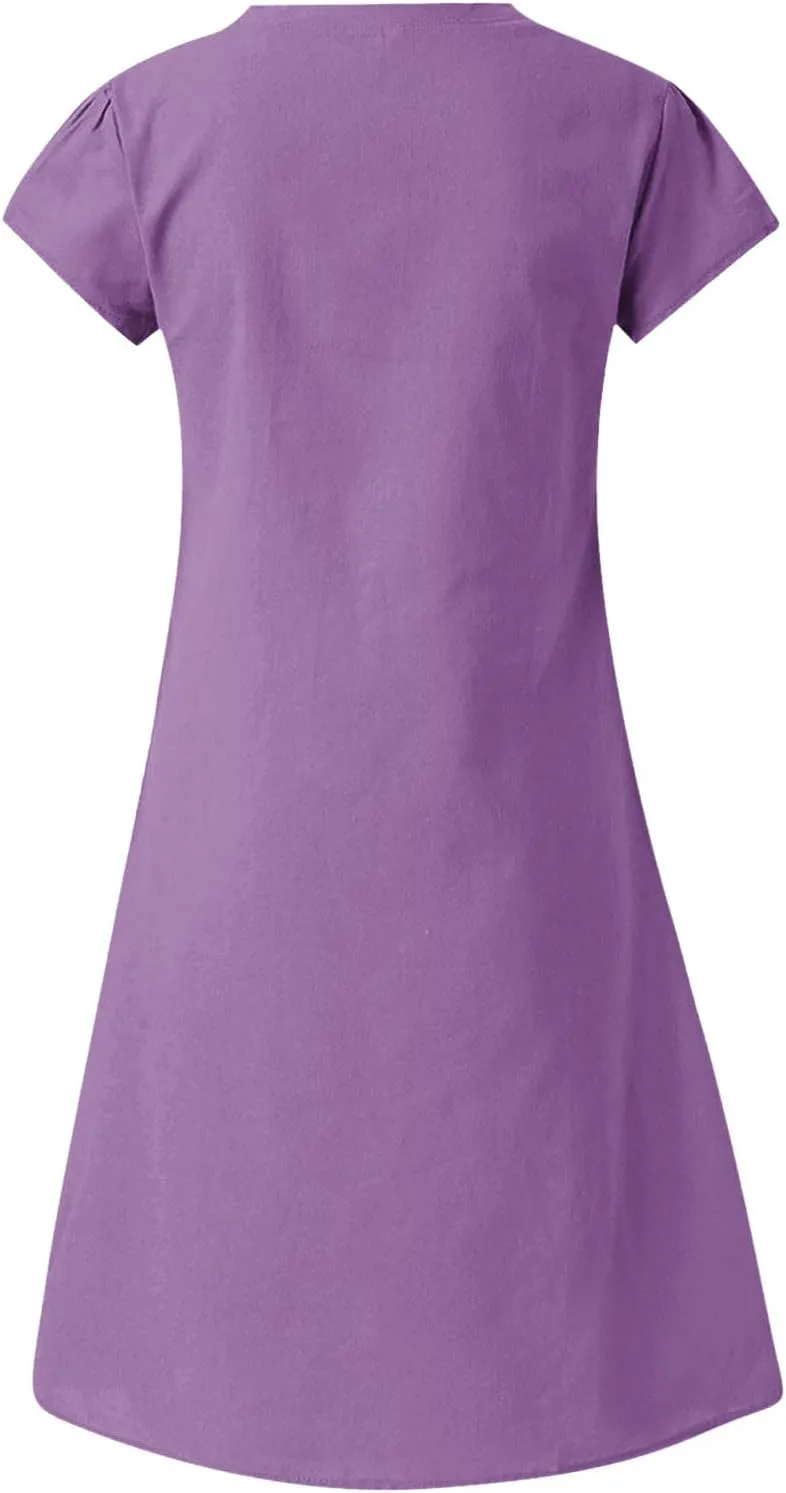 Cotton Linen Dresses for Women, 2024 Summer Casual Short Sleeve Midi Dress,Trendy V Neck Beach Sundresses