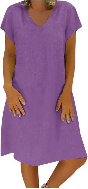 Cotton Linen Dresses for Women, 2024 Summer Casual Short Sleeve Midi Dress,Trendy V Neck Beach Sundresses