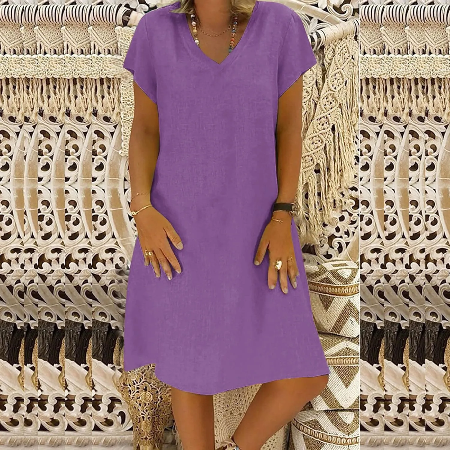Cotton Linen Dresses for Women, 2024 Summer Casual Short Sleeve Midi Dress,Trendy V Neck Beach Sundresses