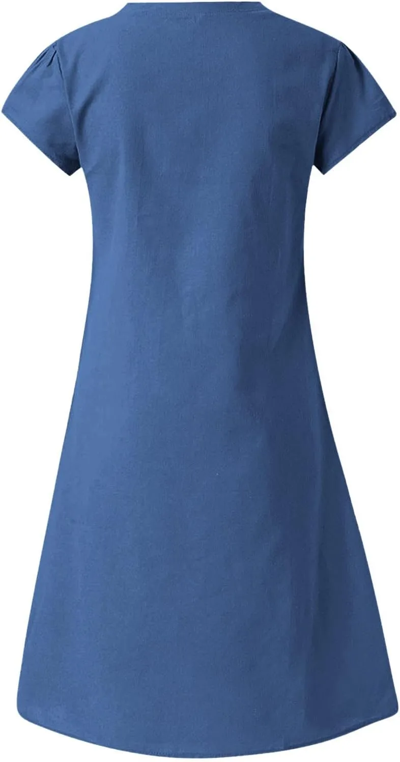 Cotton Linen Dresses for Women, 2024 Summer Casual Short Sleeve Midi Dress,Trendy V Neck Beach Sundresses
