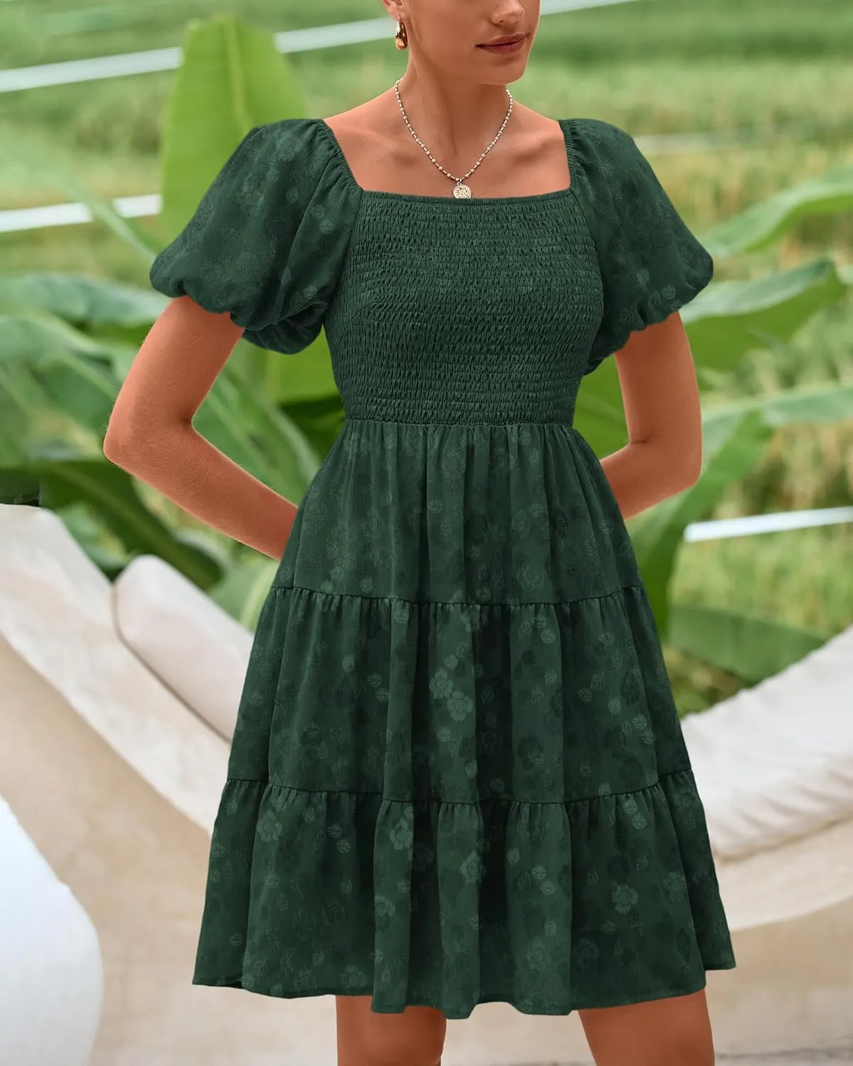 dowerme Womens Summer Dresses 2025 Puff Short Sleeve Square Neck Smocked Floral Wedding Guest Mini Dress with Pockets