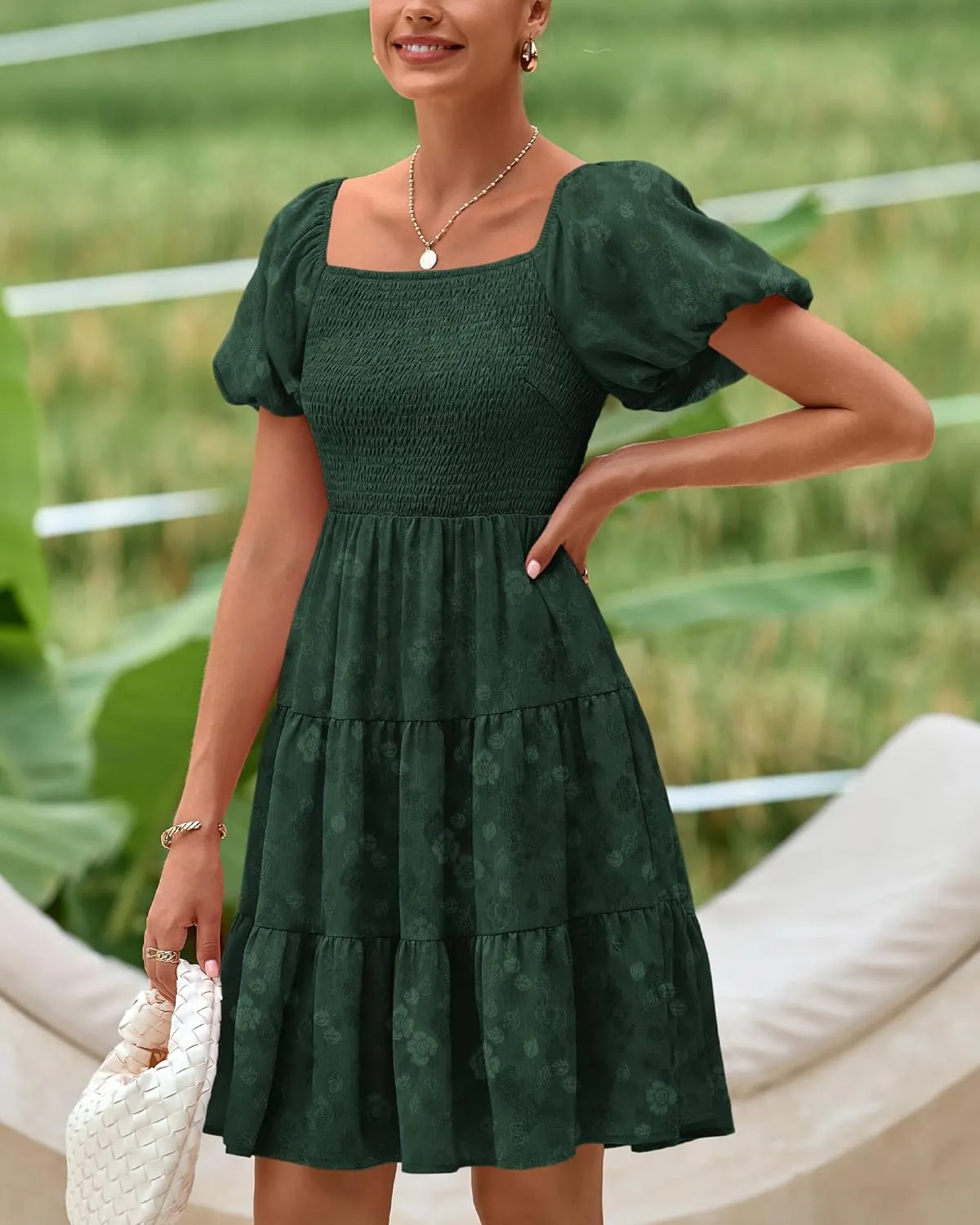 dowerme Womens Summer Dresses 2025 Puff Short Sleeve Square Neck Smocked Floral Wedding Guest Mini Dress with Pockets
