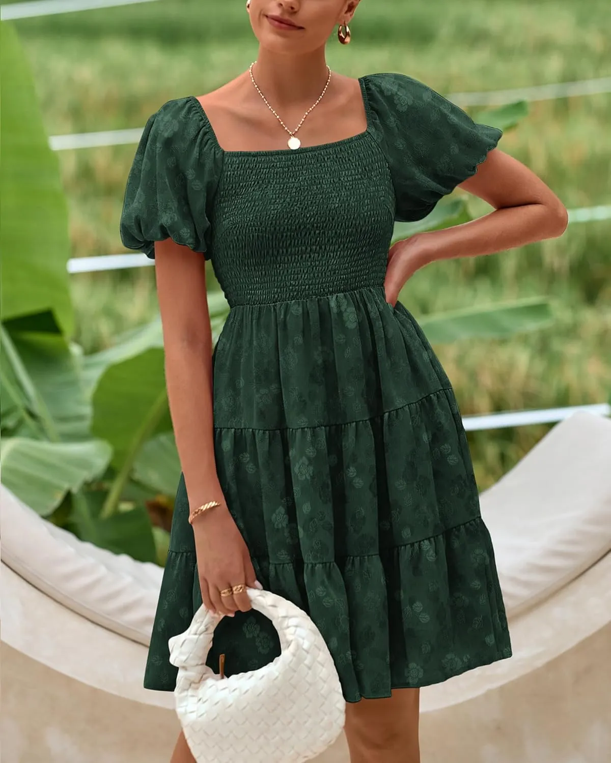 dowerme Womens Summer Dresses 2025 Puff Short Sleeve Square Neck Smocked Floral Wedding Guest Mini Dress with Pockets