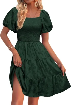 dowerme Womens Summer Dresses 2025 Puff Short Sleeve Square Neck Smocked Floral Wedding Guest Mini Dress with Pockets