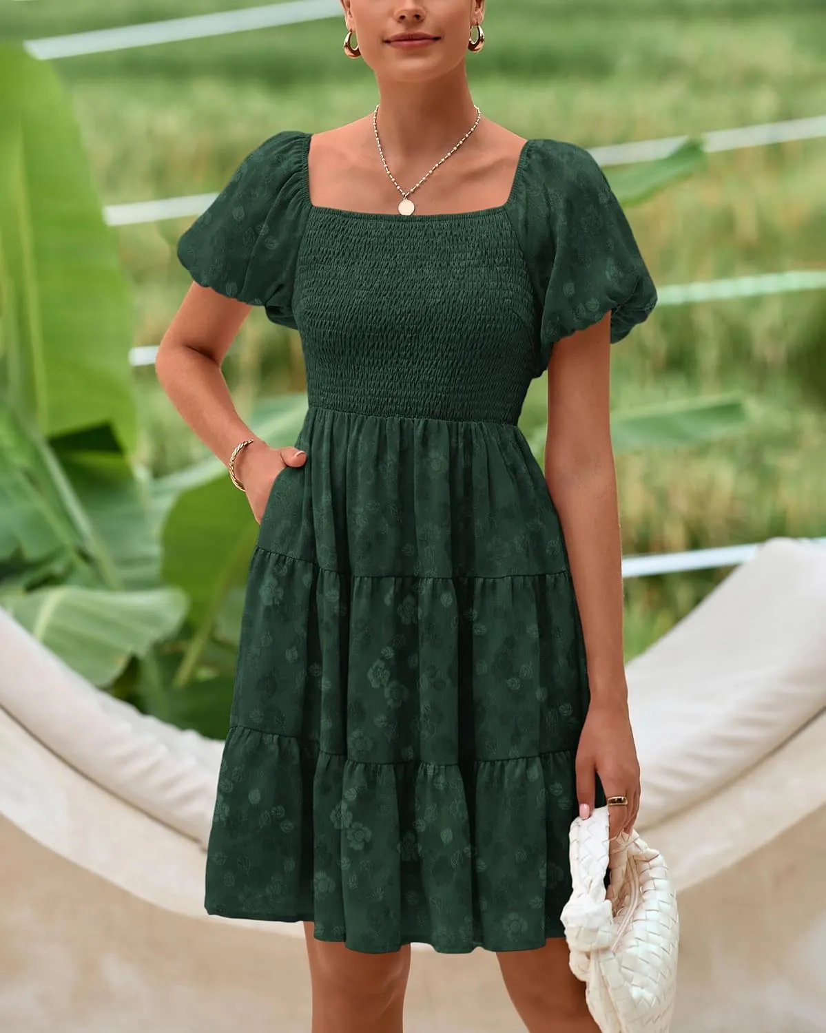 dowerme Womens Summer Dresses 2025 Puff Short Sleeve Square Neck Smocked Floral Wedding Guest Mini Dress with Pockets
