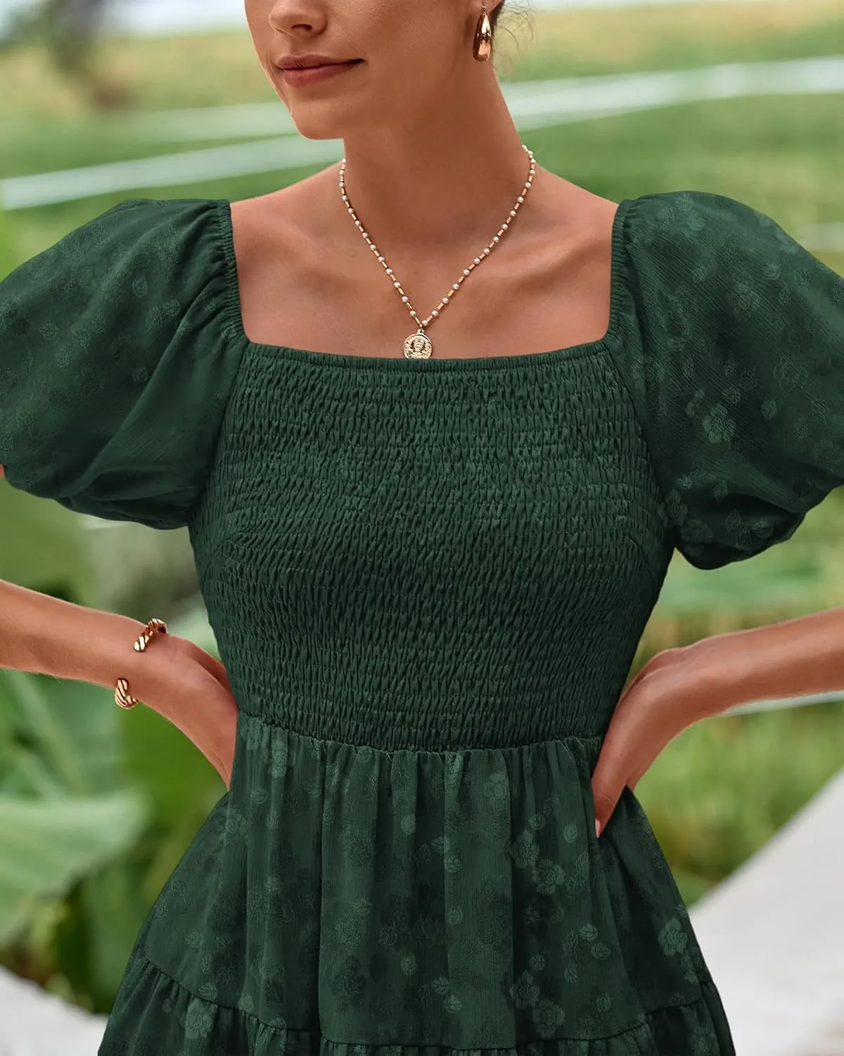 dowerme Womens Summer Dresses 2025 Puff Short Sleeve Square Neck Smocked Floral Wedding Guest Mini Dress with Pockets