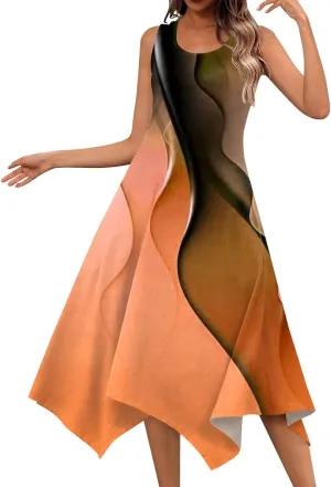 Dresses for Women 2024 Round Neck Floral Print Maxi Dress Sleeveless Flowy Beach Dresses Hankerchief Hem Dress