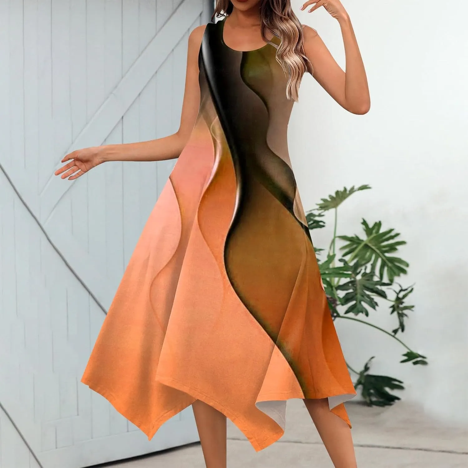 Dresses for Women 2024 Round Neck Floral Print Maxi Dress Sleeveless Flowy Beach Dresses Hankerchief Hem Dress