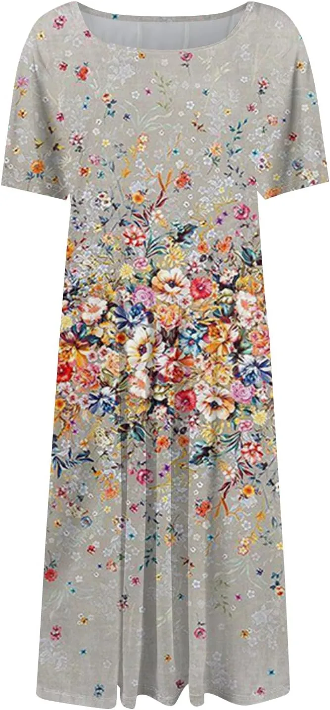 Dresses for Women 2025 Short Sleeve Round Neck Church Dress Pleated Knee Length Dress with Pockets Curvy Dress