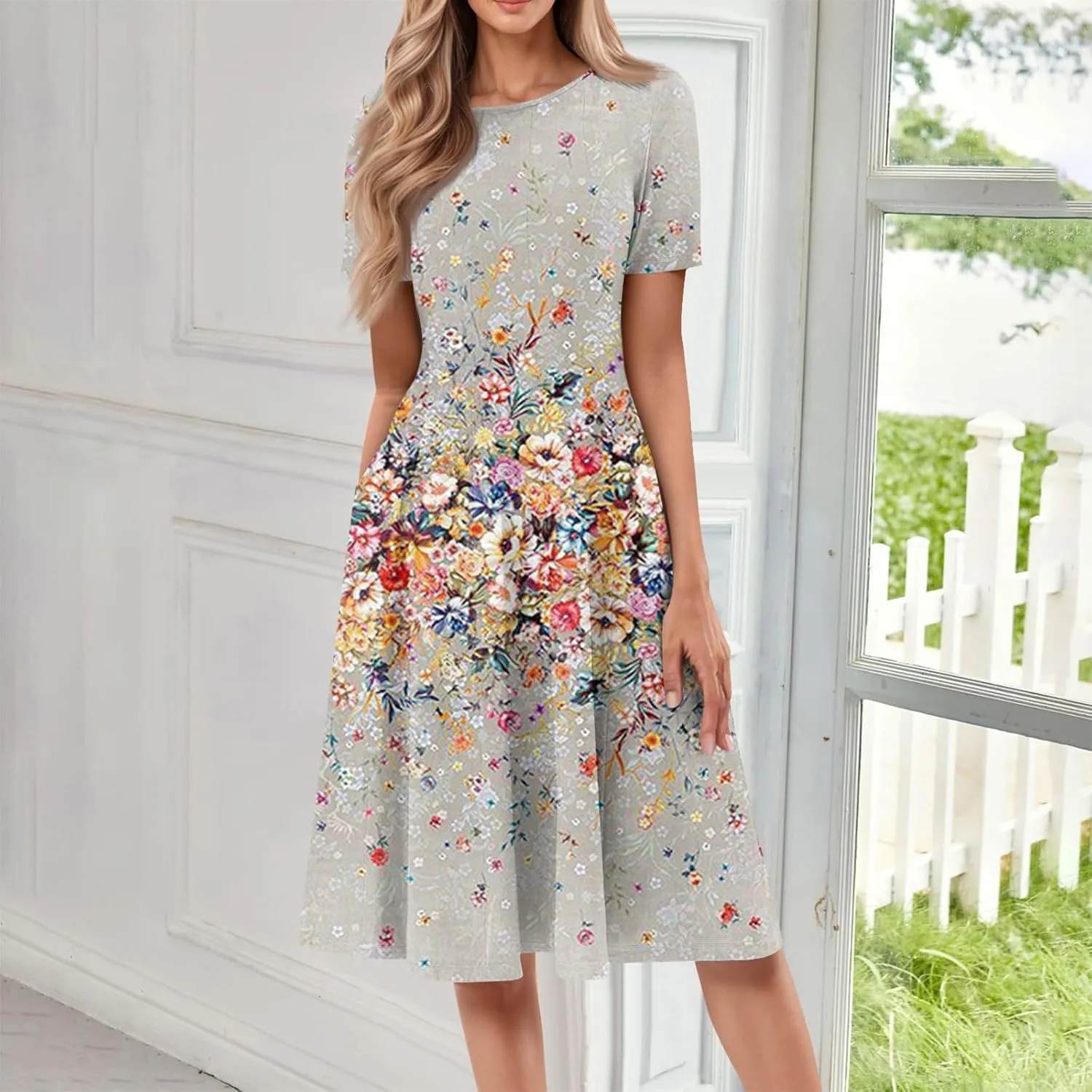 Dresses for Women 2025 Short Sleeve Round Neck Church Dress Pleated Knee Length Dress with Pockets Curvy Dress