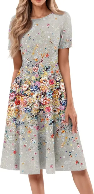 Dresses for Women 2025 Short Sleeve Round Neck Church Dress Pleated Knee Length Dress with Pockets Curvy Dress
