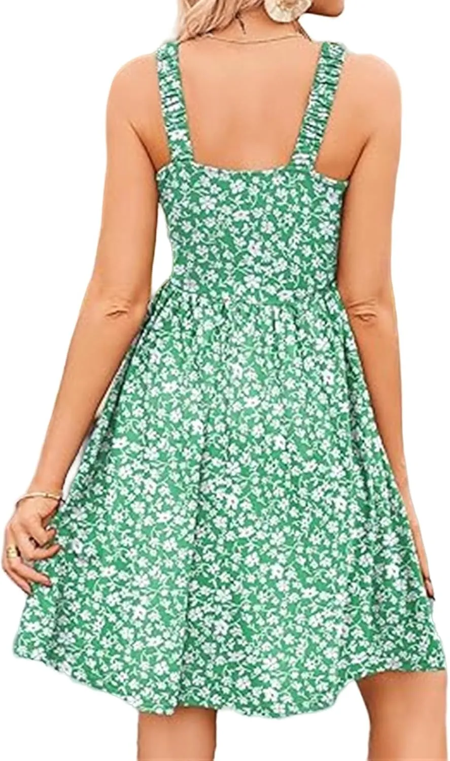 Dresses for Women Summer Floral Boho Beach Dress Elastic Waist Ruffle Mini Dresses Cute Sleeveless Square Neck Dress