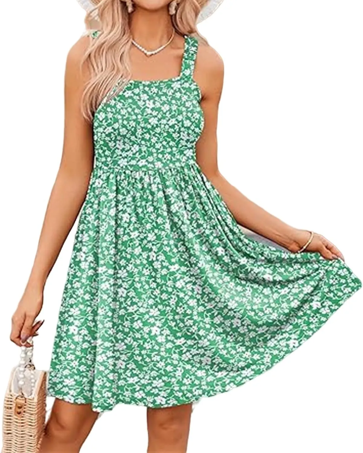 Dresses for Women Summer Floral Boho Beach Dress Elastic Waist Ruffle Mini Dresses Cute Sleeveless Square Neck Dress