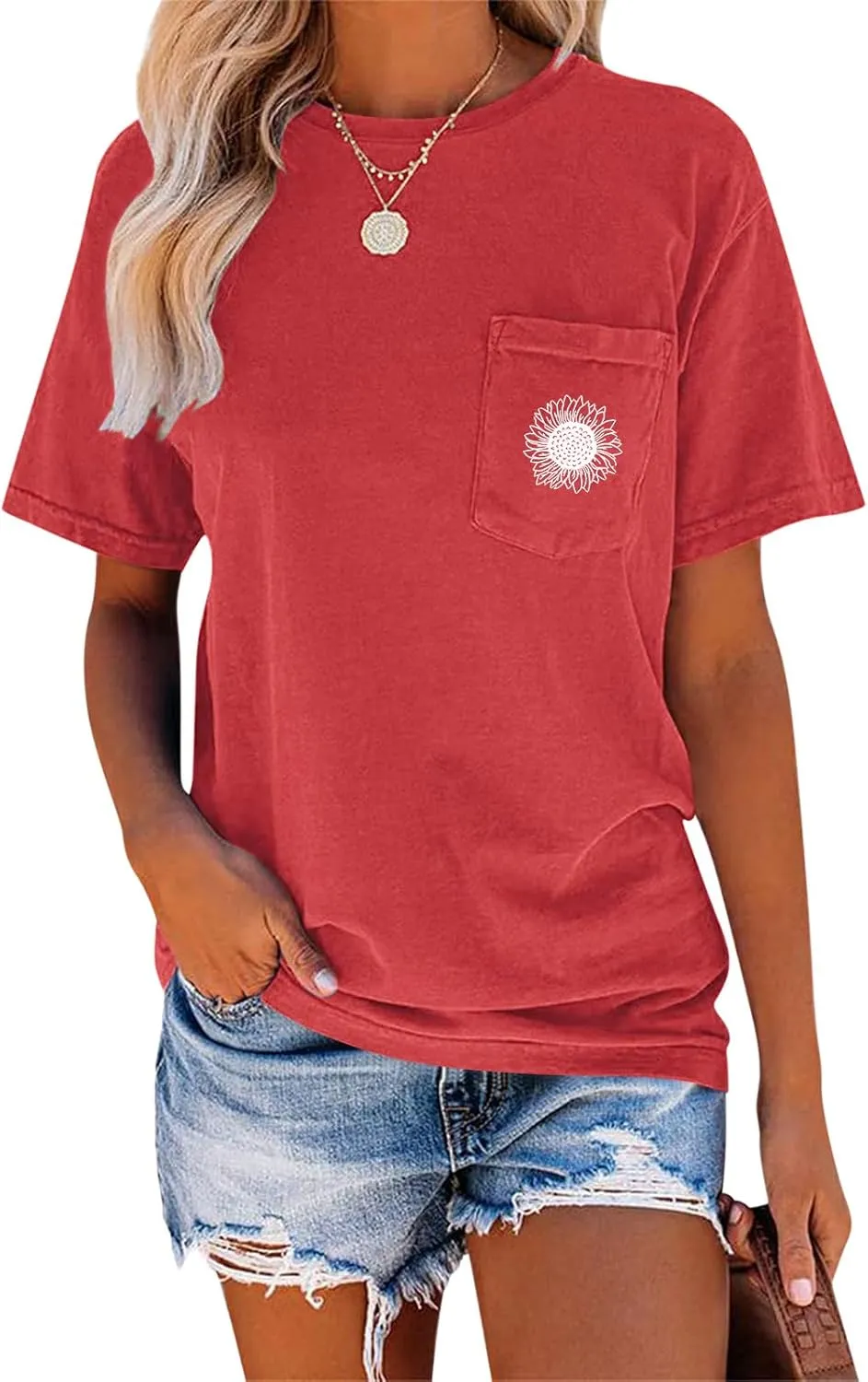 EADINVE Women's Crew Neck Short Sleeve Summer Sunflower Graphic Printed Tee Vintage T-Shirt with Pockets Loose Fitting Tops