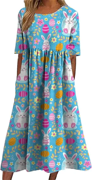 Easter Dress for Women 2025 Trendy Loose Short Sleeve Midi Dress Cute Bunny Egg Print Long Dress with Pockets