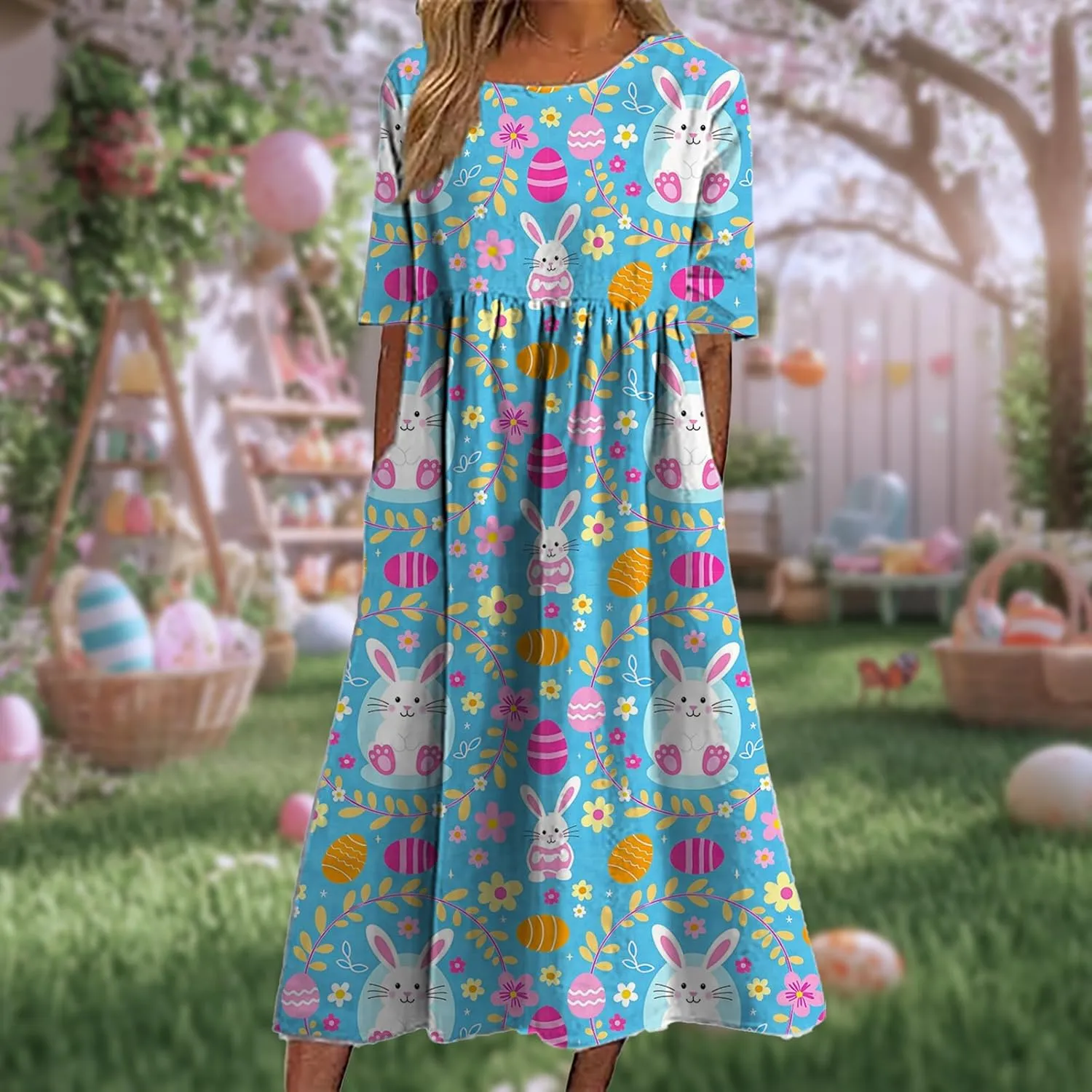 Easter Dress for Women 2025 Trendy Loose Short Sleeve Midi Dress Cute Bunny Egg Print Long Dress with Pockets