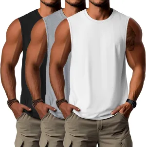 Ficerd 3 Pack Men's Big Tall Tank Tops, Cotton Moisture Wicking Muscle Shirts Sleeveless Solid Color Basic Tee Shirts