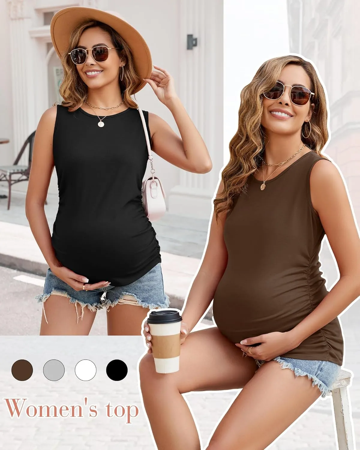 Ficerd 4 Pack Women's Maternity Tank Tops, Side Ruched Sleeveless Pregnancy Shirts Summer Comfy Round Neck Maternity Vest Tee