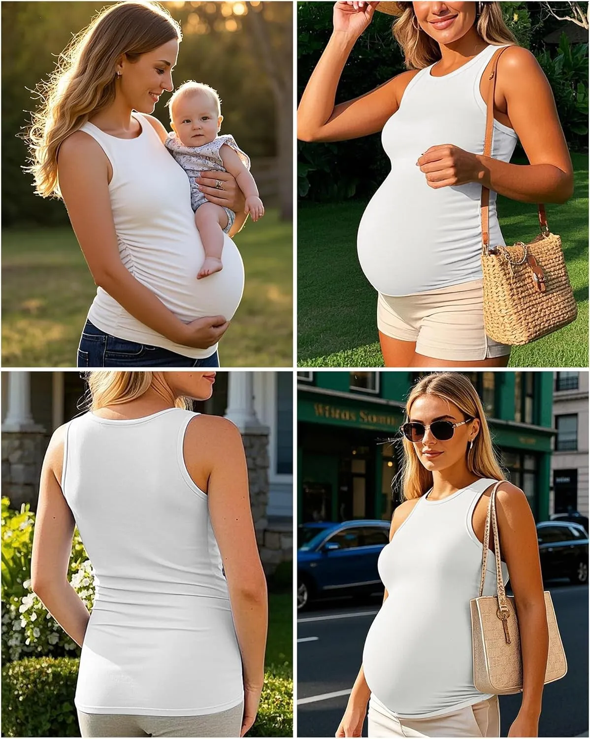 Ficerd 4 Pack Women's Maternity Tank Tops, Side Ruched Sleeveless Pregnancy Shirts Summer Comfy Round Neck Maternity Vest Tee
