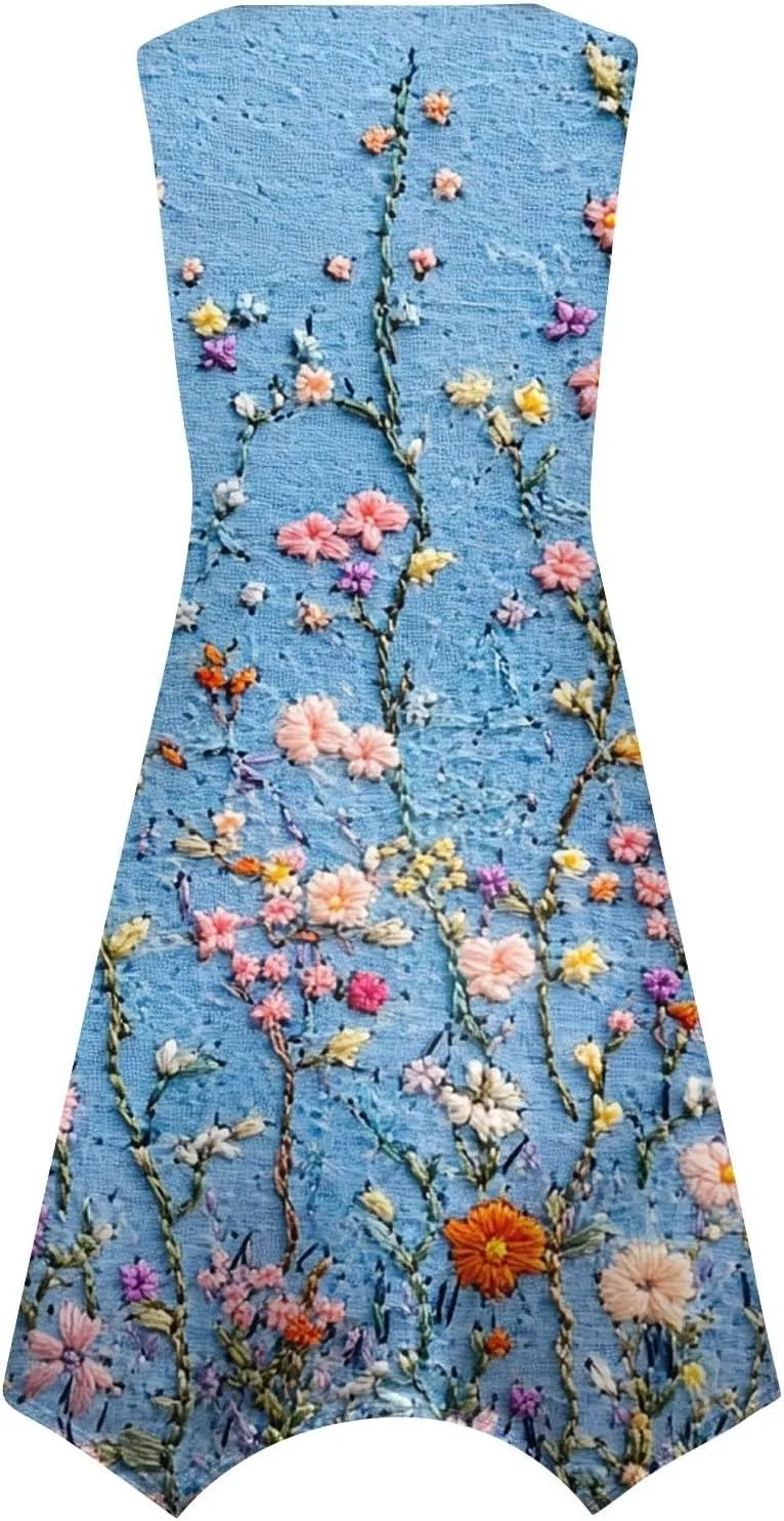 Flowy Dresses for Women Floral Summer U Neck Sleeveless Midi Dress Irregular Hem Boho Hawaiian Vacation Sundress