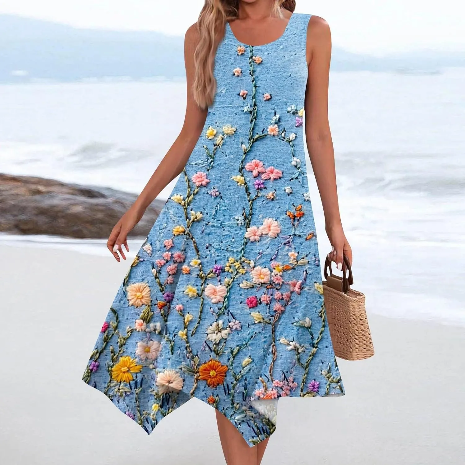 Flowy Dresses for Women Floral Summer U Neck Sleeveless Midi Dress Irregular Hem Boho Hawaiian Vacation Sundress