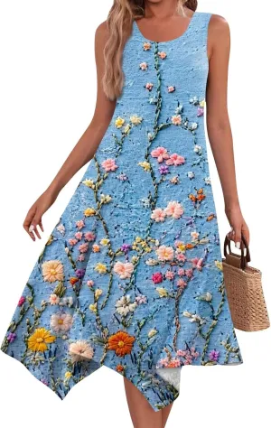 Flowy Dresses for Women Floral Summer U Neck Sleeveless Midi Dress Irregular Hem Boho Hawaiian Vacation Sundress