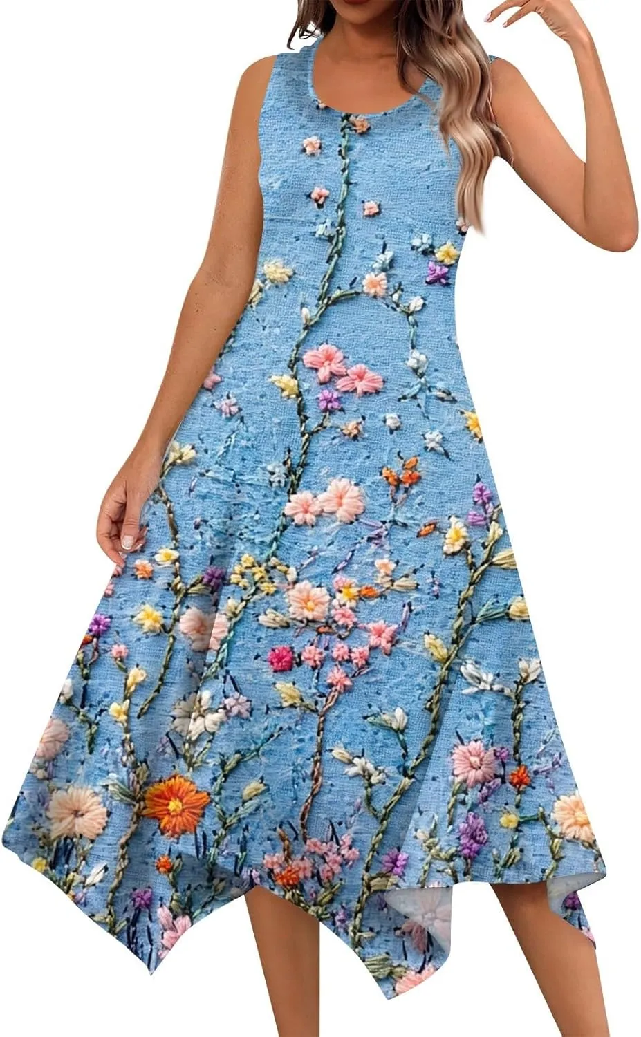 Flowy Dresses for Women Floral Summer U Neck Sleeveless Midi Dress Irregular Hem Boho Hawaiian Vacation Sundress