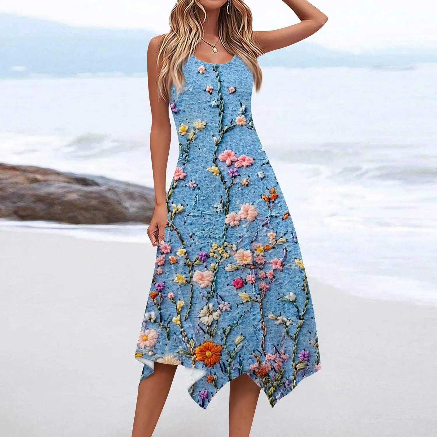 Flowy Dresses for Women Floral Summer U Neck Sleeveless Midi Dress Irregular Hem Boho Hawaiian Vacation Sundress
