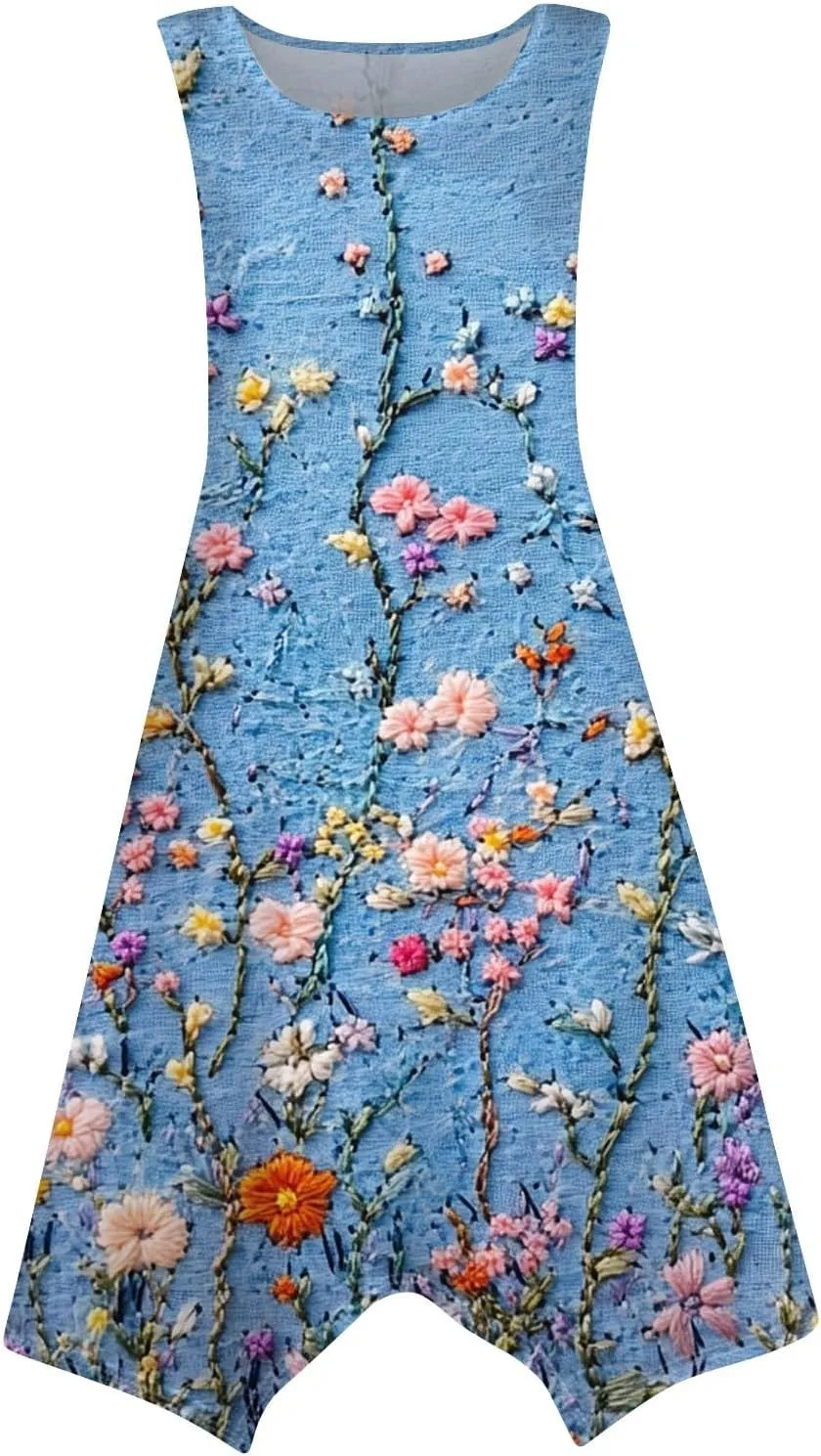 Flowy Dresses for Women Floral Summer U Neck Sleeveless Midi Dress Irregular Hem Boho Hawaiian Vacation Sundress