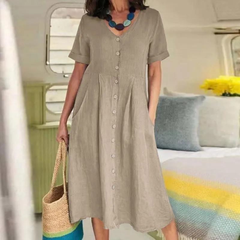 Geleglaer Women Casual V Neck Button Down Dress Cotton Linen Short Sleeve Knee Midi Length Loose Summer Dress Plus Size S-5XL
