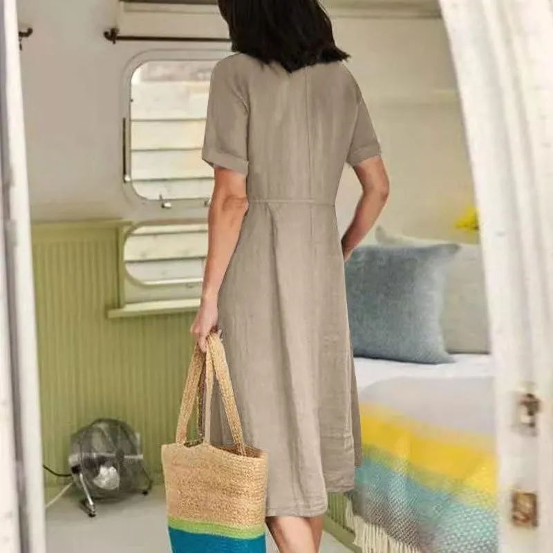 Geleglaer Women Casual V Neck Button Down Dress Cotton Linen Short Sleeve Knee Midi Length Loose Summer Dress Plus Size S-5XL