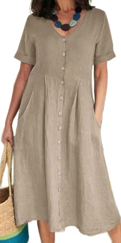 Geleglaer Women Casual V Neck Button Down Dress Cotton Linen Short Sleeve Knee Midi Length Loose Summer Dress Plus Size S-5XL